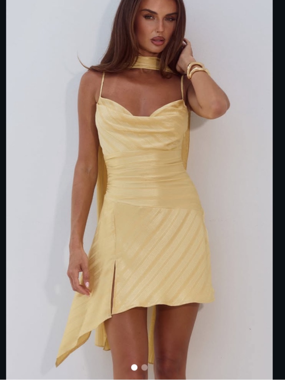 Elegant Yellow Cowl Neck Mini dress with scarf